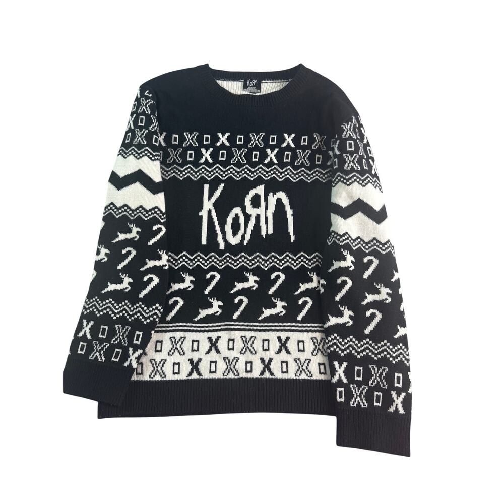 Korn Band Ugly Christmas Sweater Medium Black White Nu Metal Graphic Knit